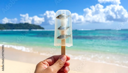 A person holds an unusual popsicle featuring fish on a sandy beach with the ocean