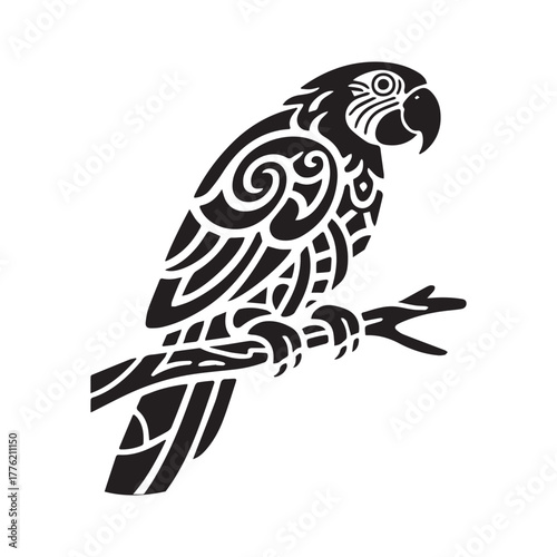 Stylized Tribal Macaw Parrot on Branch Tattoo Logo with Bold Intricate Patterns.