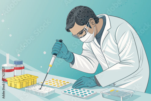 Scientist carefully pipetting liquid into microplate wells.