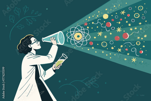 Scientist watching a glowing particle stream.