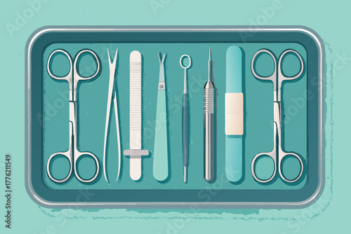 Precisely arranged sterile surgical instruments on a clean medical tray, implying meticulous care.