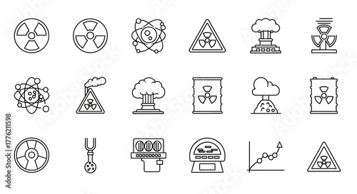 Collection of Black and White Line Art Icons Representing Nuclear and Radiation Concepts.