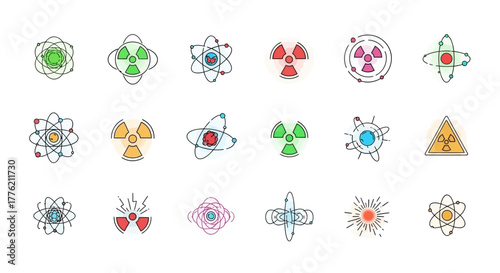 Collection of Colorful Science Icons: Atoms and Radiation Symbols.