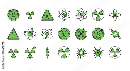 Collection of Green and Black Radiation and Hazard Warning Symbols.