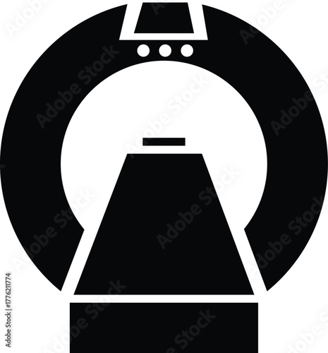 Black MRI scanner icon showing a patient table entering a circular medical imaging machine. Perfect for healthcare, hospital, radiology, and diagnostic technology themes.