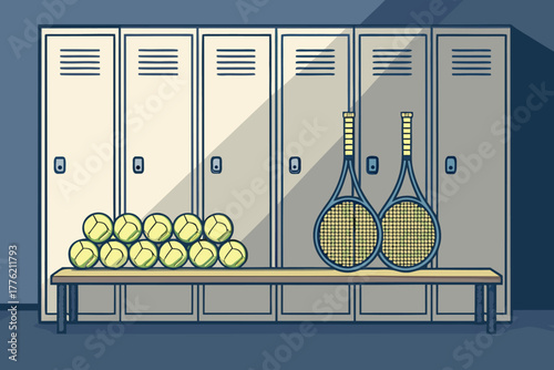 Tennis ball basket and rackets arranged neatly, clean studio shot, sports equipment detail, focus, perfect setup for game.