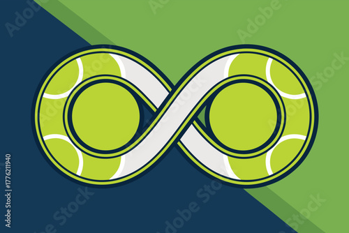 Energetic neon tennis balls craft an unending infinity loop, vibrant green, dynamic, sporting infinity, looping, boundless, perpetual motion.
