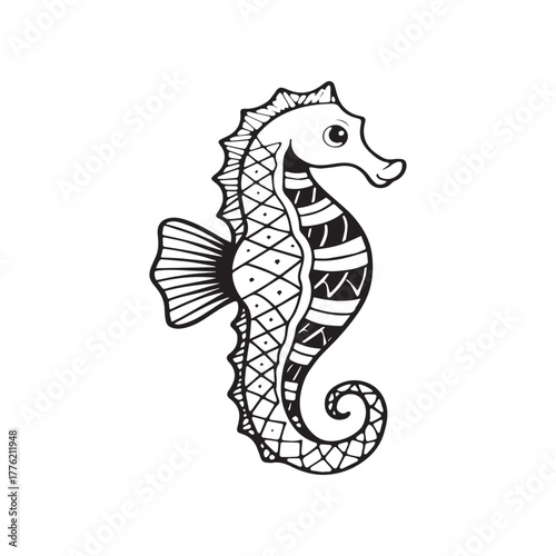 Hand Drawn Seahorse Doodle Design for Coloring, Tattoo, and Print Artwork.