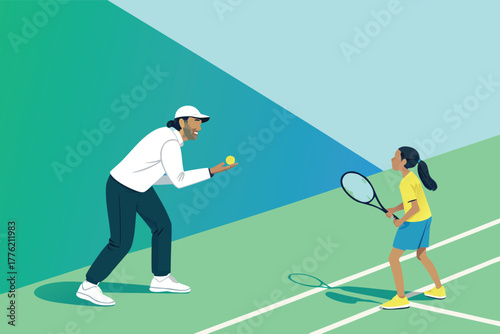 -tennis-coach-demonstrating-shot-to-student-on-pra.eps