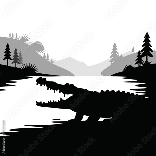 Crocodile silhouette near water edge – Great for nature education, wildlife awareness, or adventure branding.