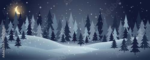 Winter night landscape with dark pine forest, abstract snow hills, and a crescent moon. Horizontal banner or background illustration.