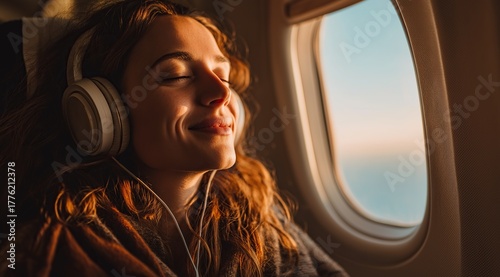 Wallpaper Mural Relaxed young woman listening to music on airplane during flight Torontodigital.ca