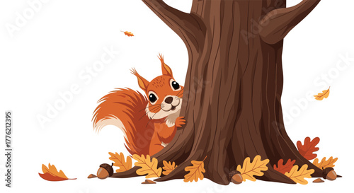 A cute cartoon squirrel peeks out from behind a large brown tree trunk, surrounded by fallen autumn leaves and acorns on a white background.