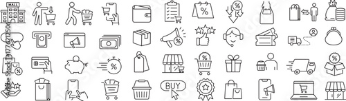 ベクターでモノクロの買い物・支払いに関する線画アイコンセット
