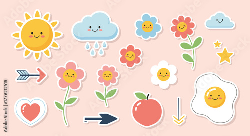A collection of cute and playful cartoon sticker illustrations featuring happy sun, clouds, flowers, and other cheerful elements.