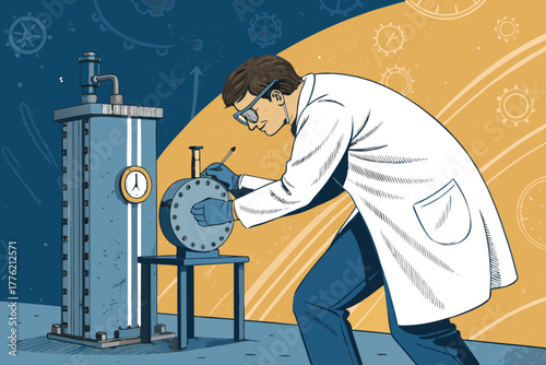 Scientist sealing vacuum chamber for molecular tech.