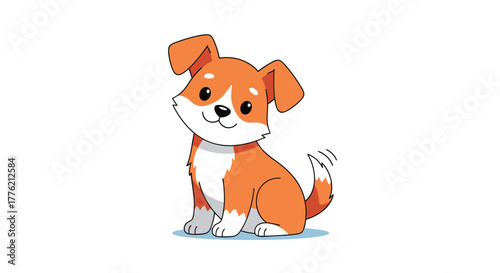 Adorable cartoon puppy with orange and white fur sitting cheerfully, wagging its tail, and smiling on a white background.