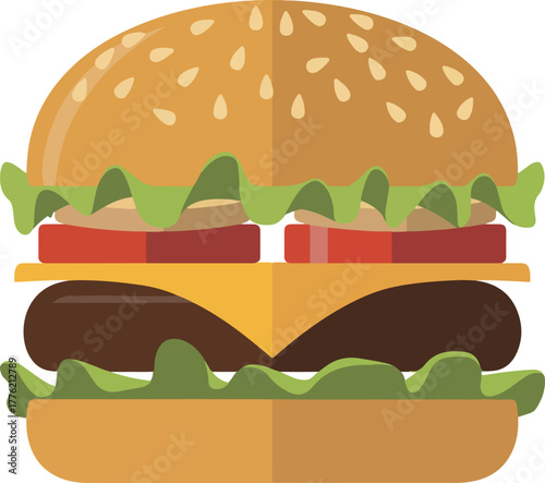 Delicious cheeseburger vector illustration with sesame seed bun fresh lettuce tomato and melted cheese