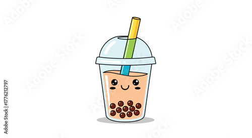 Cute cartoon bubble tea character with a happy face, boba pearls, and a colorful straw in a plastic cup on a white background.