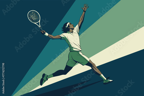 Tennis champion leaping mid-air, delivering an explosive overhead smash with incredible athleticism, dynamic motion blur.