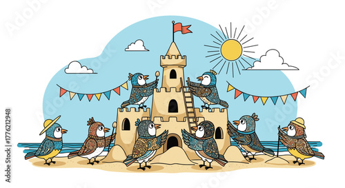 Cute birds collaboratively building a magnificent sandcastle on a sunny beach, celebrating teamwork and summer fun.