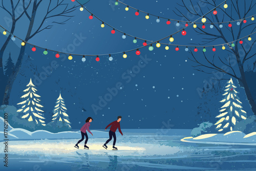 Skaters glide on a frozen lake adorned with festive Christmas lights.