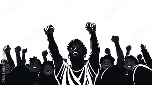 Excited audience silhouette, hands up in celebration, crisp shapes, transparent background.