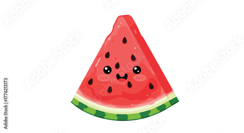 A cute and happy cartoon watermelon slice with an adorable face and black seeds on a plain white background, perfect for summer designs.