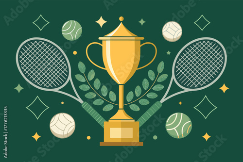 Golden tennis trophy, surrounded by professional rackets, fuzzy yellow balls, and a tennis court background, celebrating victory.