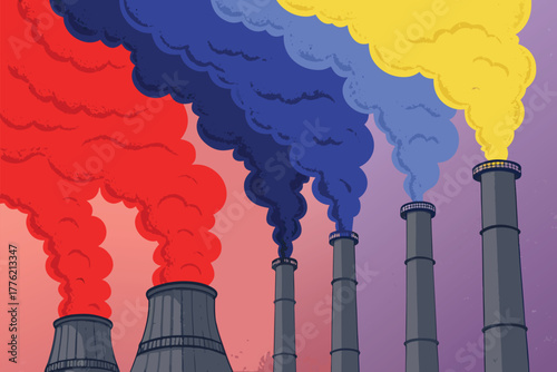 Smokestacks releasing different colored gas plumes.