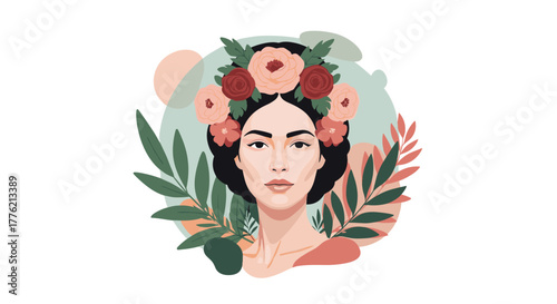 Illustrative portrait of a woman with dark hair adorned with a beautiful flower crown of red and pink roses, surrounded by lush botanical elements.