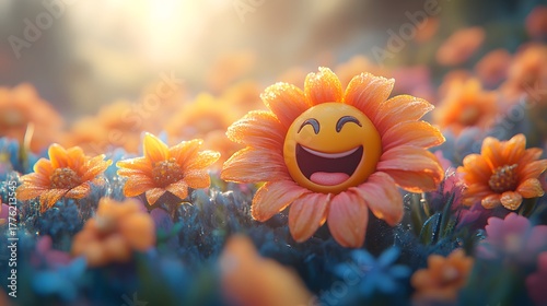 A whimsical close-up shows a field of orange, daisy-like flowers, one with a bright yellow smiley face, conveying joy and cheerfulness in a vibrant, sunlit garden setting.