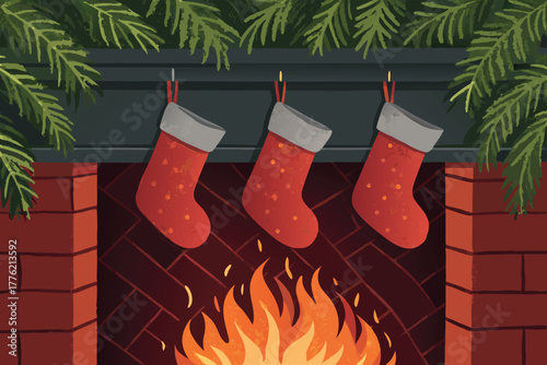 Stockings hang on a fireplace with glowing flames.