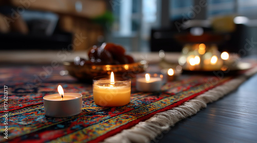 Defocused view of candles, dates, and prayer rugs arranged with reverence, radiating tranquility and spiritual warmth, with copy space