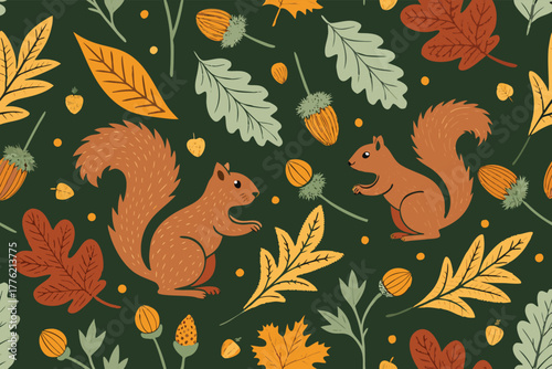 Squirrel silhouettes with acorns, seamless autumn pattern.