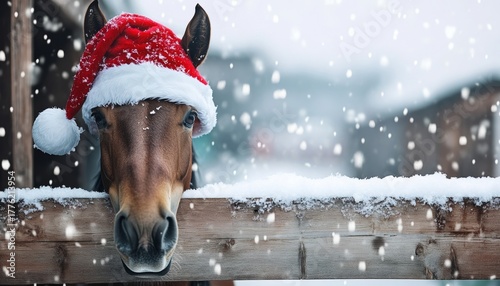 Festive horse wearing a Santa hat gazes over a snow-covered fence in a winter wonderland scene