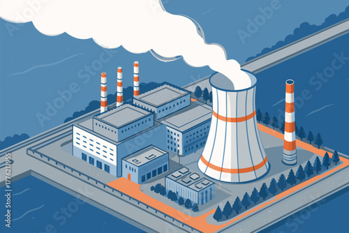 Aerial view of a thermal power plant emitting vapor.