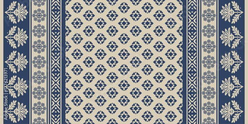  Traditional ethnic floral embroidery pattern with beige motifs on blue background, inspired by Indian saree textile design, perfect for clothing, carpet, fabric, decoration, and fashion artwork.