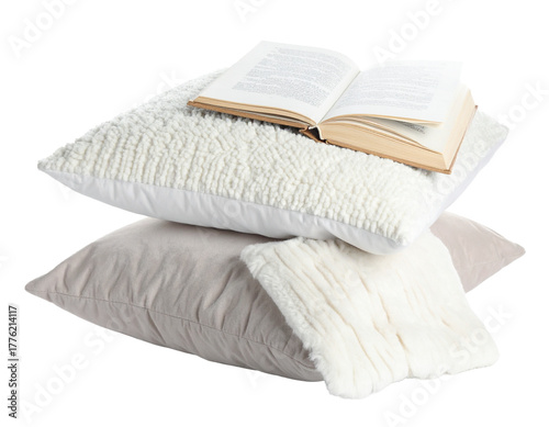 White Cozy Pillow and Book for Comfortable Winter Reading Time
