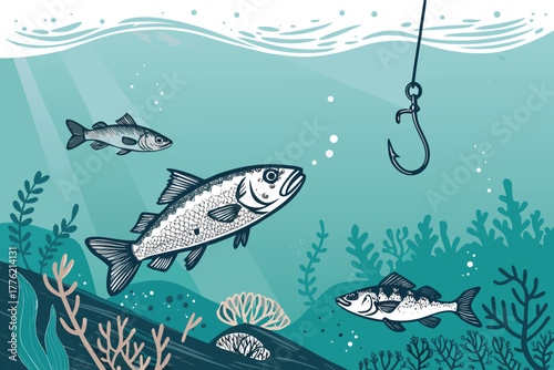 -underwater-scene-of-fish-swimming-near-bait-hook-.eps