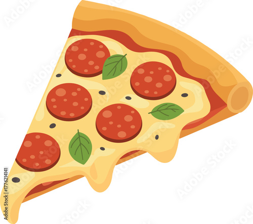 Pepperoni pizza slice vector illustration with melting cheese and fresh basil leaves on a golden crust