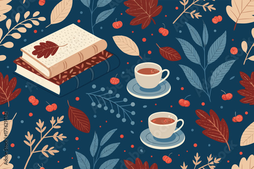 Cozy autumn pattern of books and teacups.