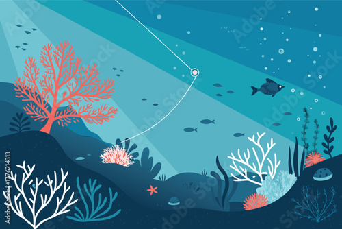 Vibrant coral reef teeming with marine life, a lone fishing trawler silhouetted against the sunlit surface, azure ocean depths.