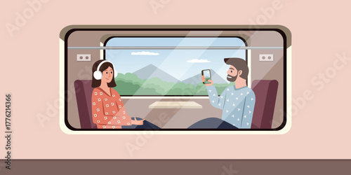 People Traveling by Train Enjoying the Scenic View. Passenger seat. Window train from outside. People on the business class train.