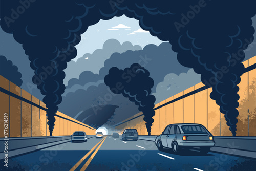 Dark traffic tunnel choked with hazy exhaust fumes.