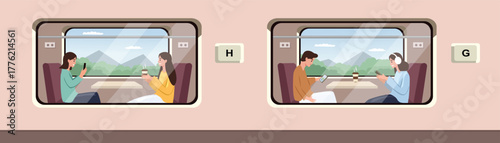 Passengers enjoying a scenic train journey with their mobile devices. Train window from outside. Transportation activity.