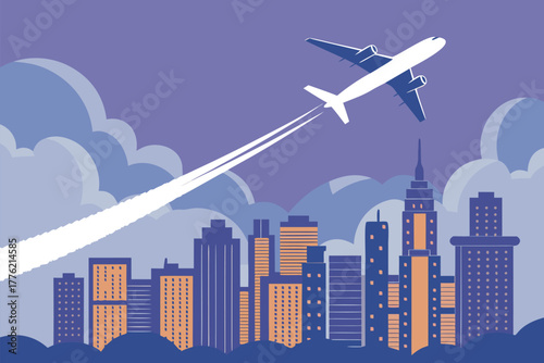 Airplane emitting smoke trail over urban landscape.