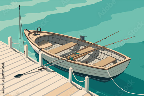 A weathered wooden fishing boat, tethered to a rustic dock, with vibrant fishing rods expertly positioned, awaiting the next cast.