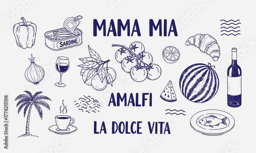 Delightful Hand-Drawn Collection of Italian and Mediterranean Cuisine Elements, Capturing the Essence of a Wholesome Food and Drink Lifestyle