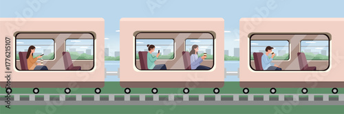 Commuters on a Train. Railway city transportation. People on the train. Cityscape. Train passenger.